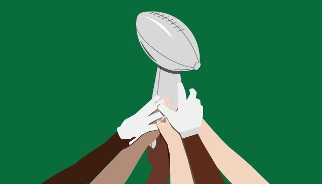 Philadelphia Eagles team holding up the Super Bowl LIX Vince Lombardi Trophy